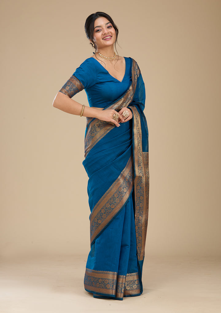 Peacock Blue Banarasi Cotton Silk Saree With Matching Blouse Piece