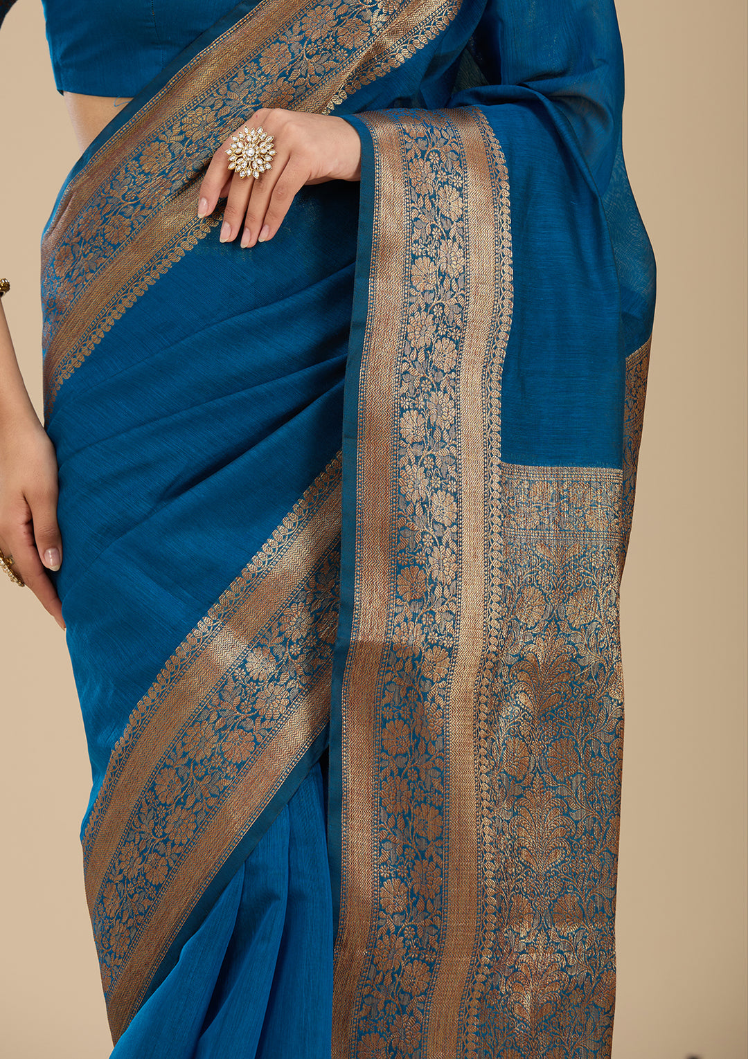 Peacock Blue Banarasi Cotton Silk Saree With Matching Blouse Piece