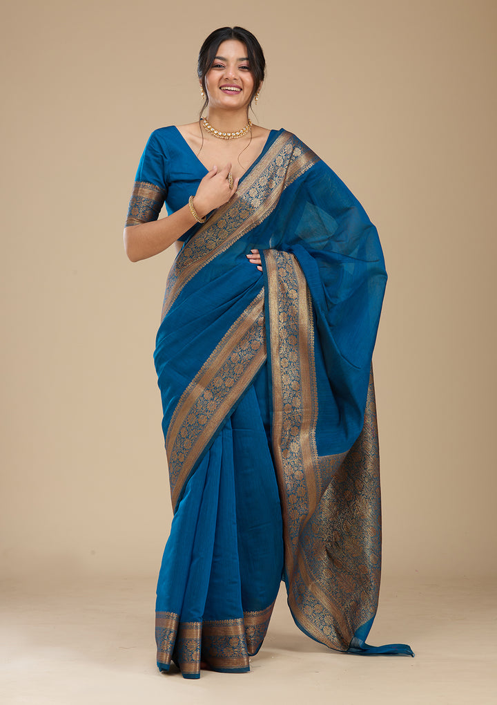 Peacock Blue Banarasi Cotton Silk Saree With Matching Blouse Piece
