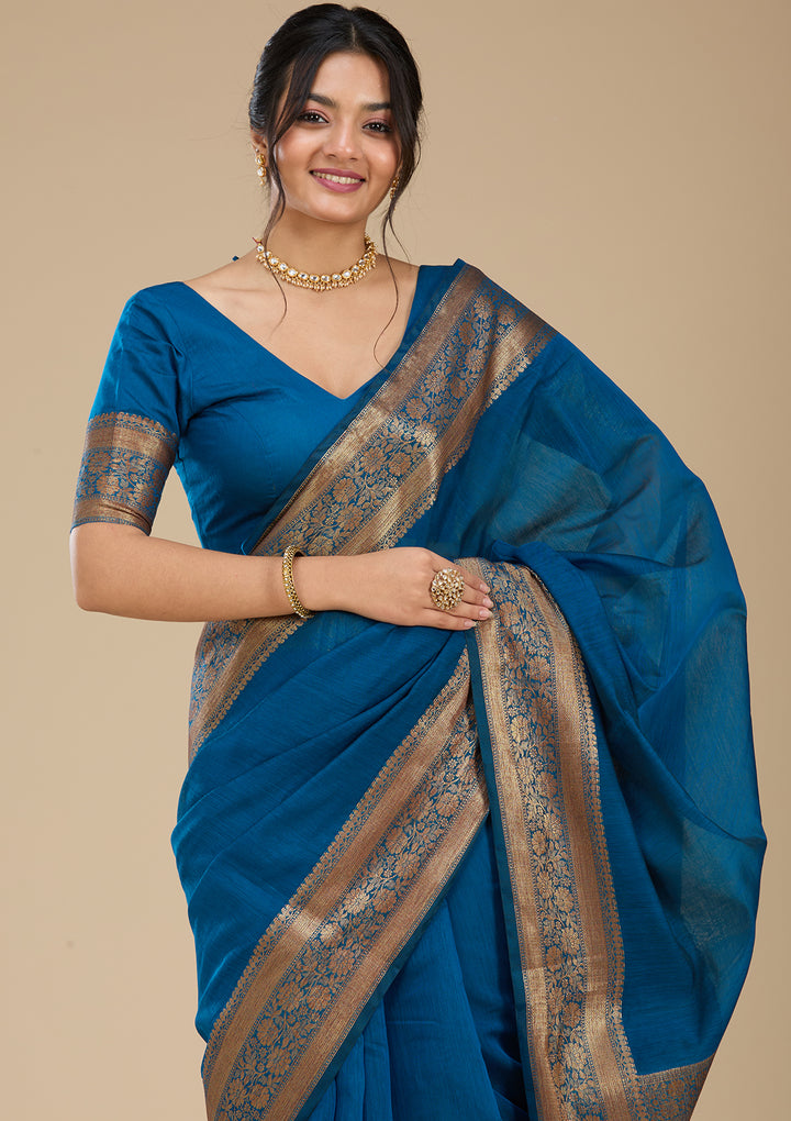 Peacock Blue Banarasi Cotton Silk Saree With Matching Blouse Piece