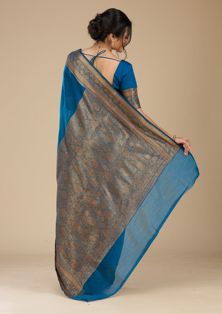 Peacock Blue Banarasi Cotton Silk Saree With Matching Blouse Piece