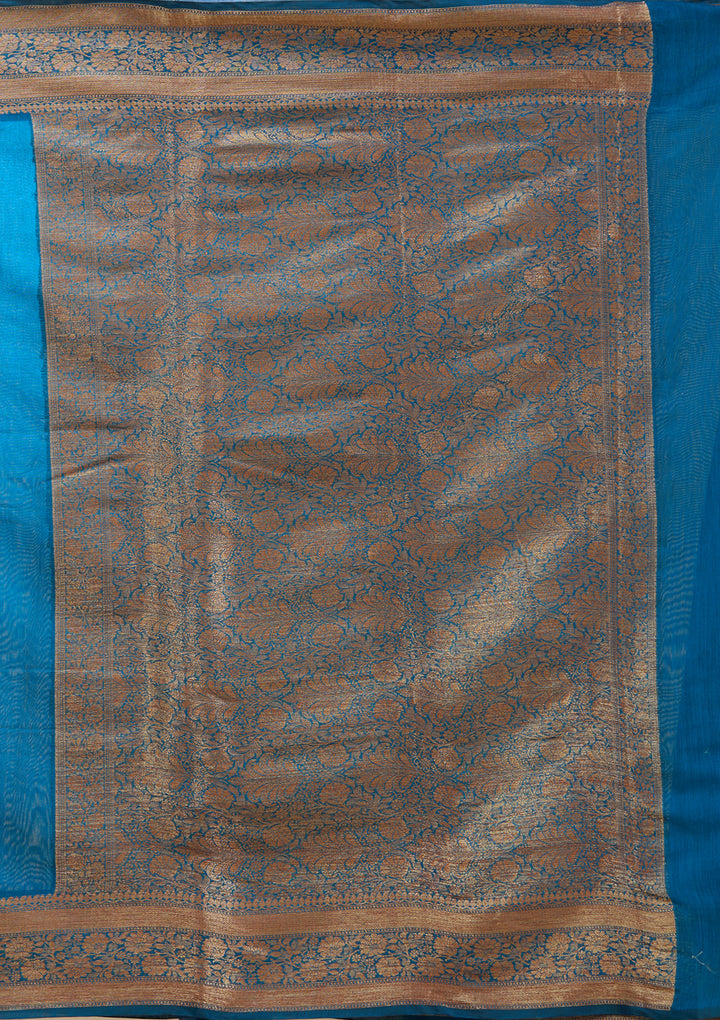 Peacock Blue Banarasi Cotton Silk Saree With Matching Blouse Piece