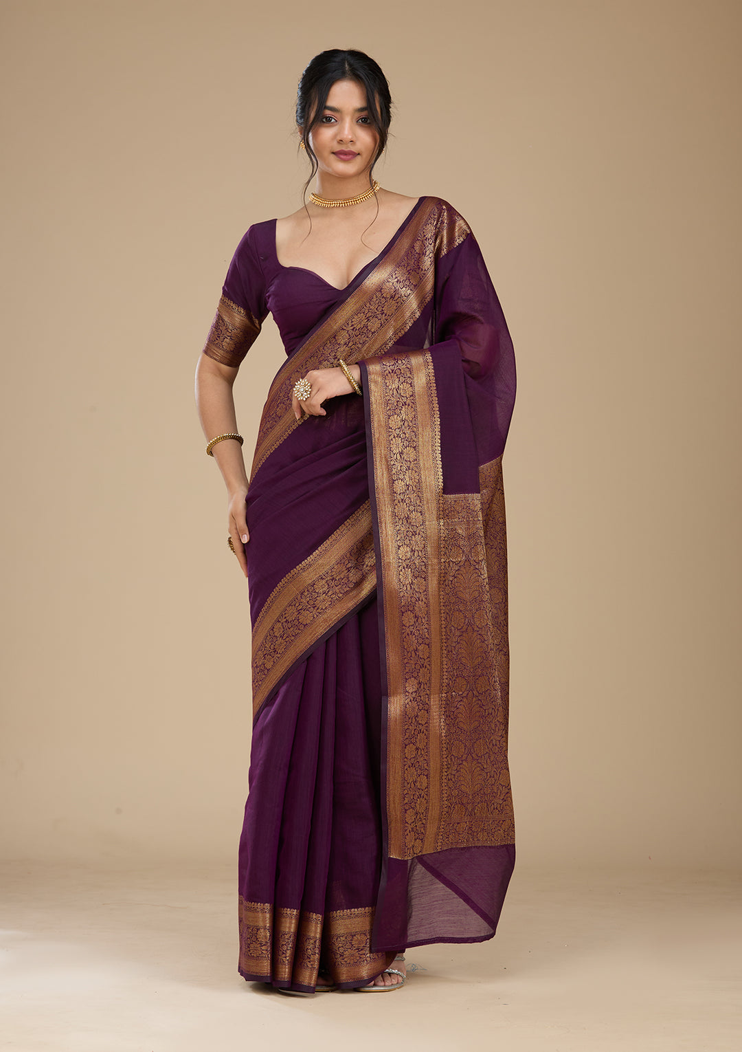 Purple Banarasi Cotton Silk Saree With Matching Blouse Piece