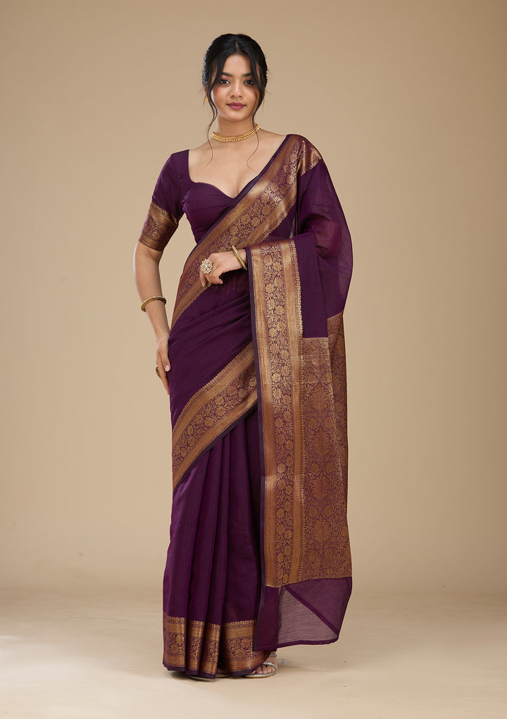 Purple Banarasi Cotton Silk Saree With Matching Blouse Piece