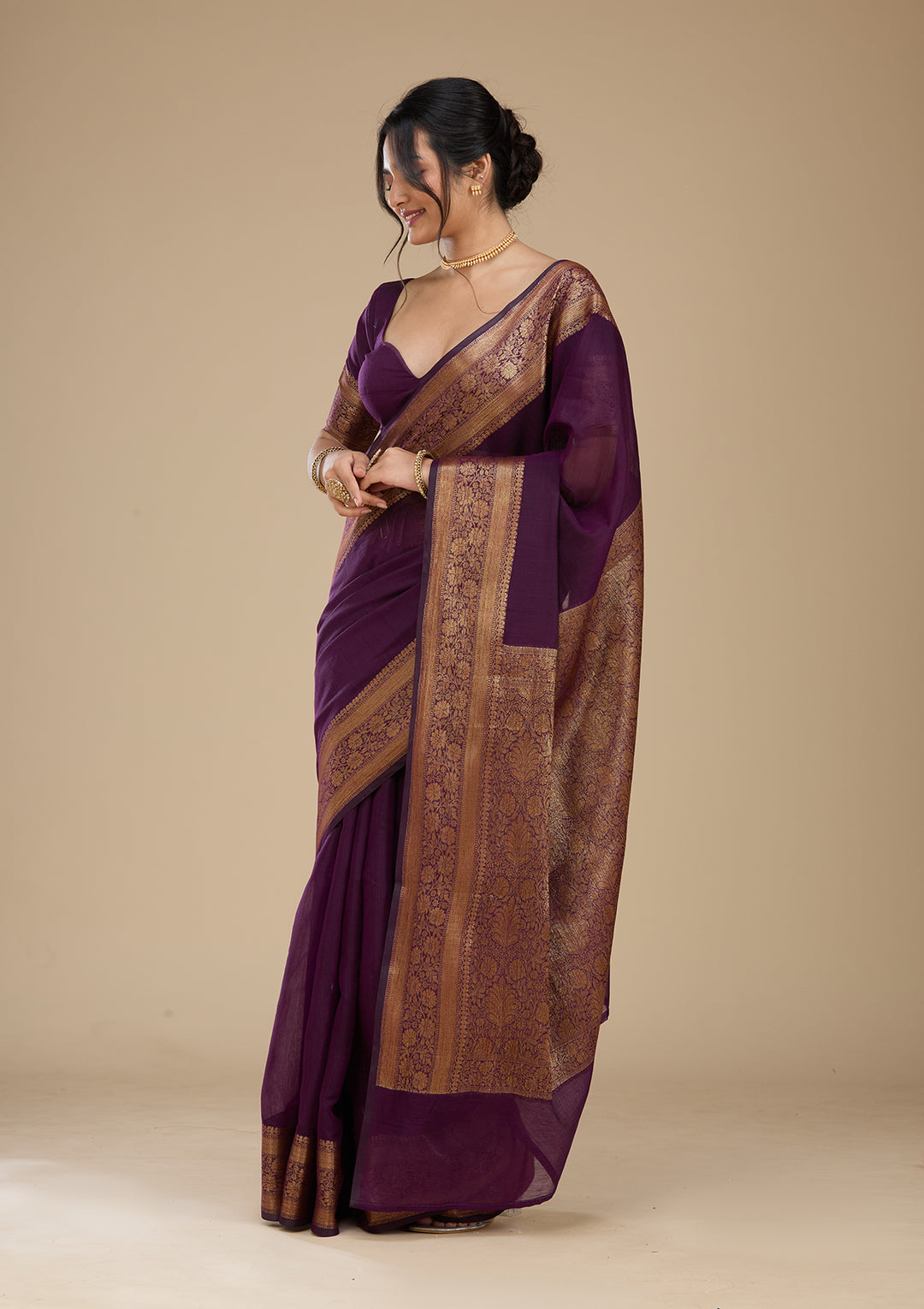 Purple Banarasi Cotton Silk Saree With Matching Blouse Piece