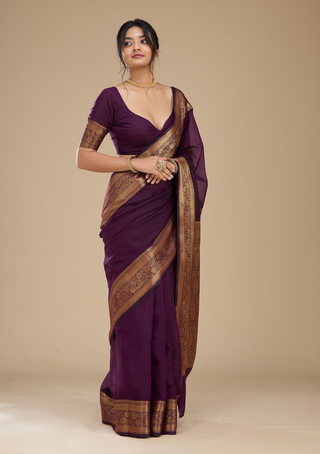 Purple Banarasi Cotton Silk Saree With Matching Blouse Piece