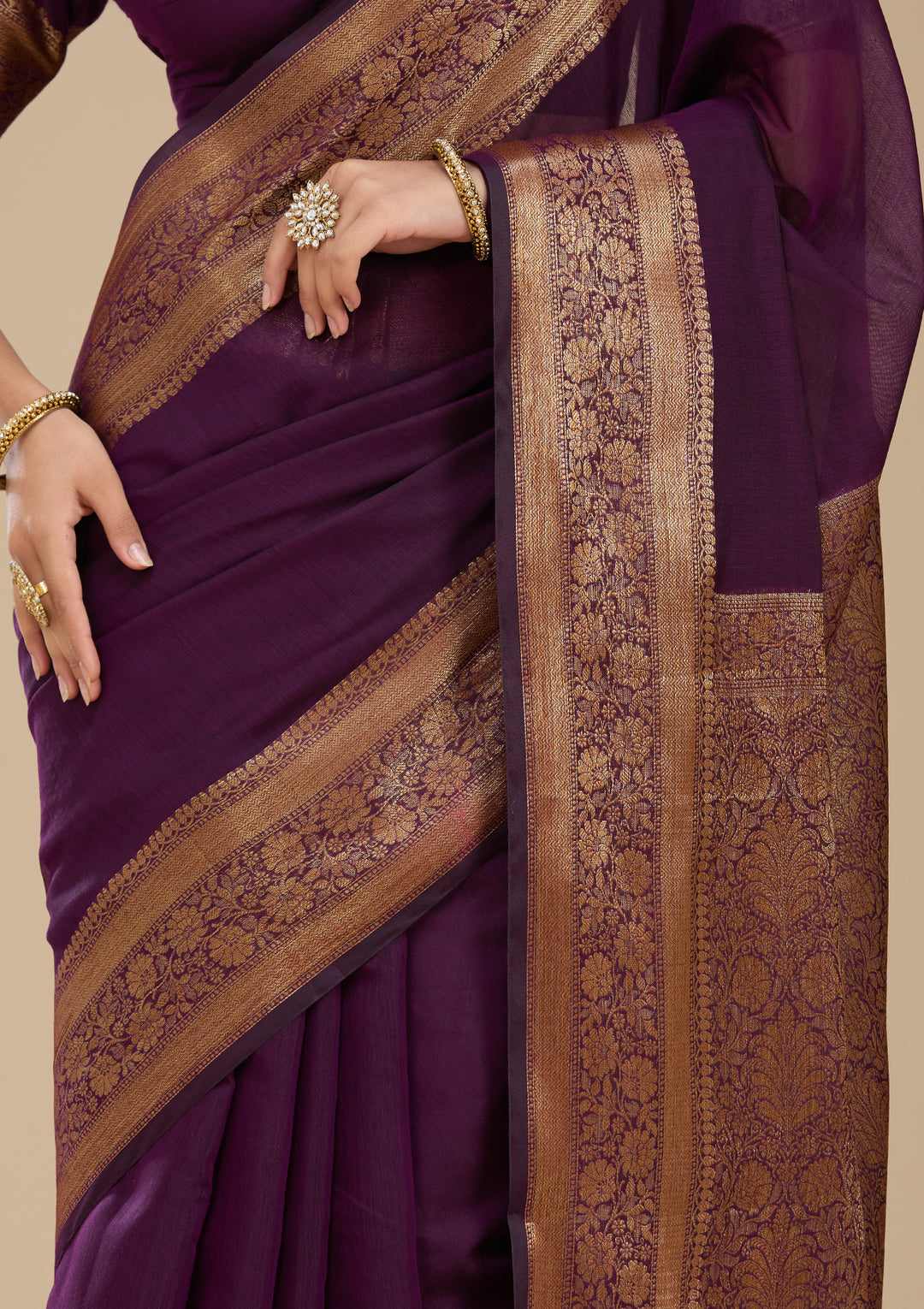 Purple Banarasi Cotton Silk Saree With Matching Blouse Piece