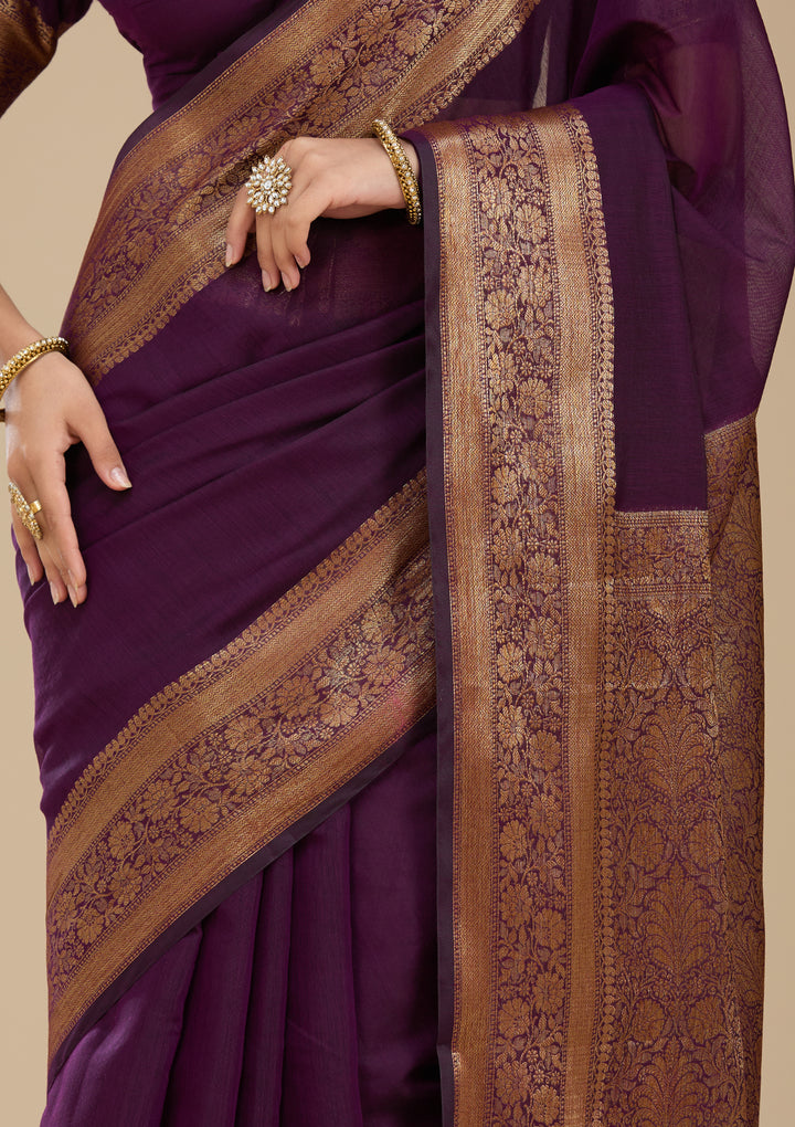 Purple Banarasi Cotton Silk Saree With Matching Blouse Piece