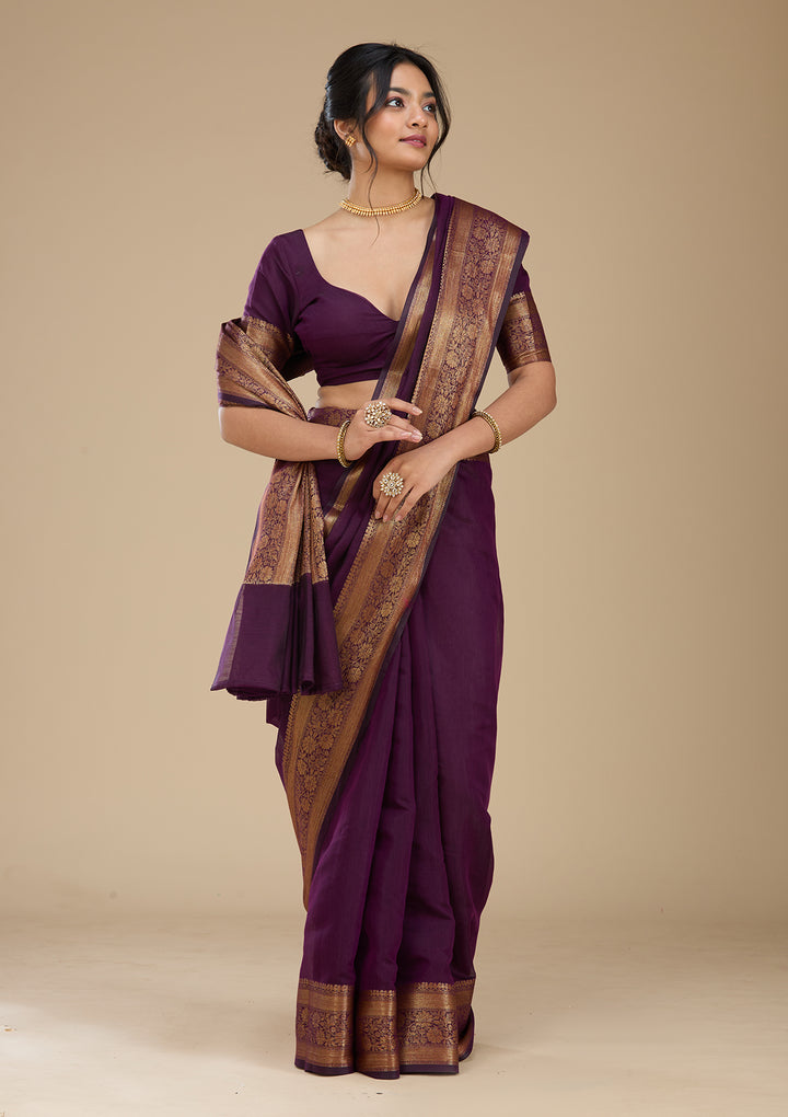 Purple Banarasi Cotton Silk Saree With Matching Blouse Piece