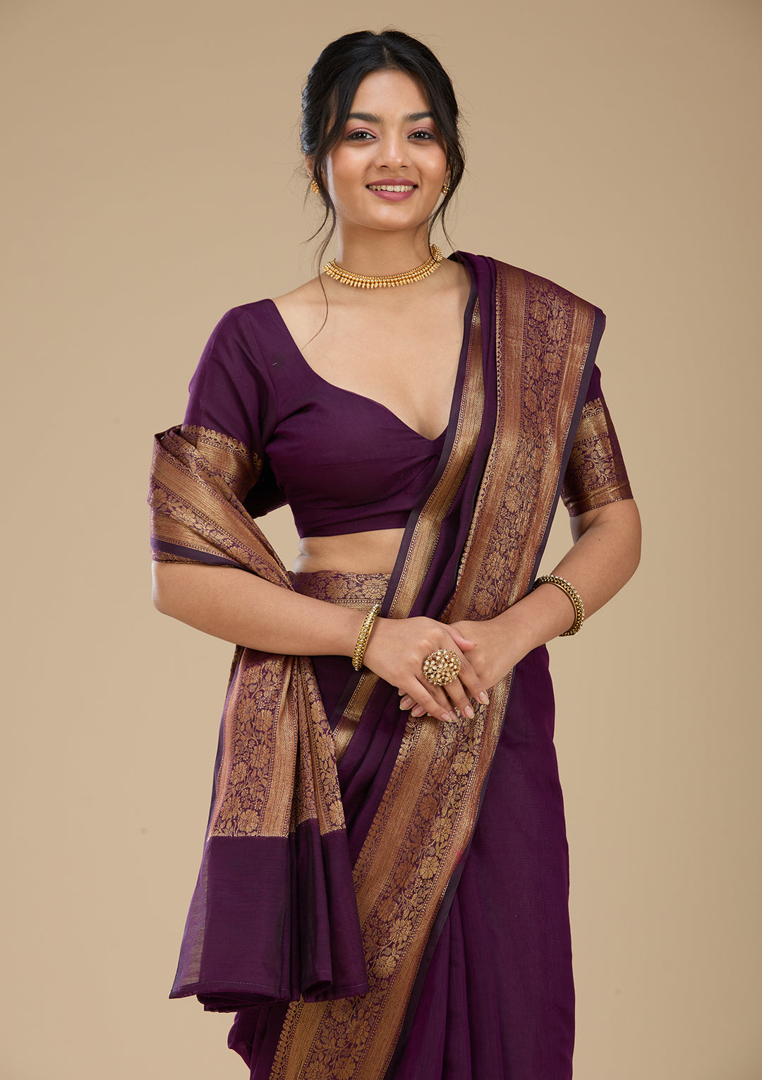 Purple Banarasi Cotton Silk Saree With Matching Blouse Piece