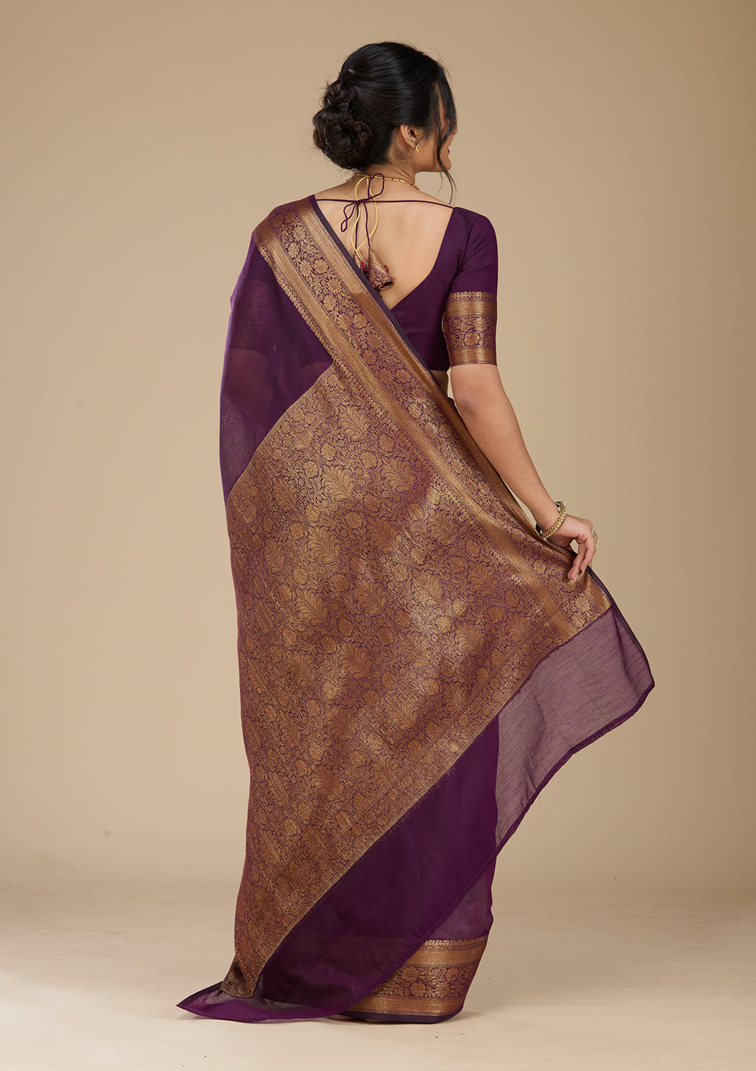 Purple Banarasi Cotton Silk Saree With Matching Blouse Piece