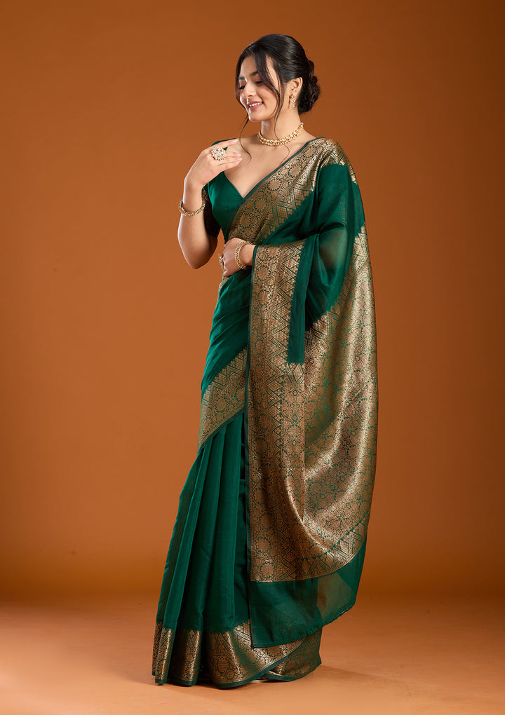 Bottle Green Banarasi Silk Saree With Matching Blouse Piece
