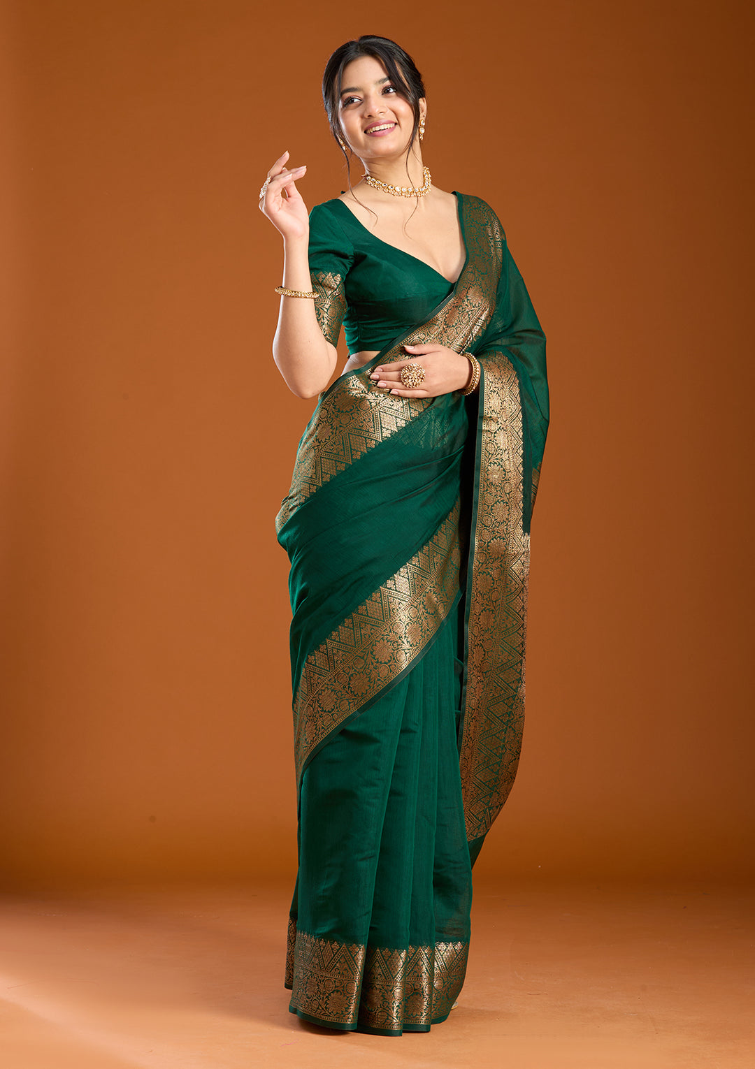 Bottle Green Banarasi Silk Saree With Matching Blouse Piece