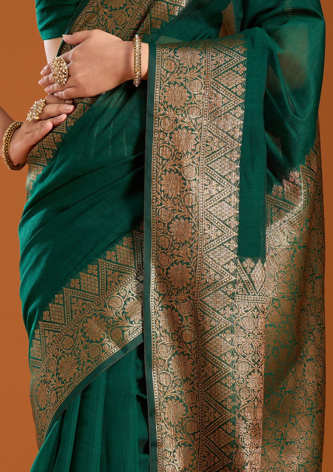 Bottle Green Banarasi Silk Saree With Matching Blouse Piece