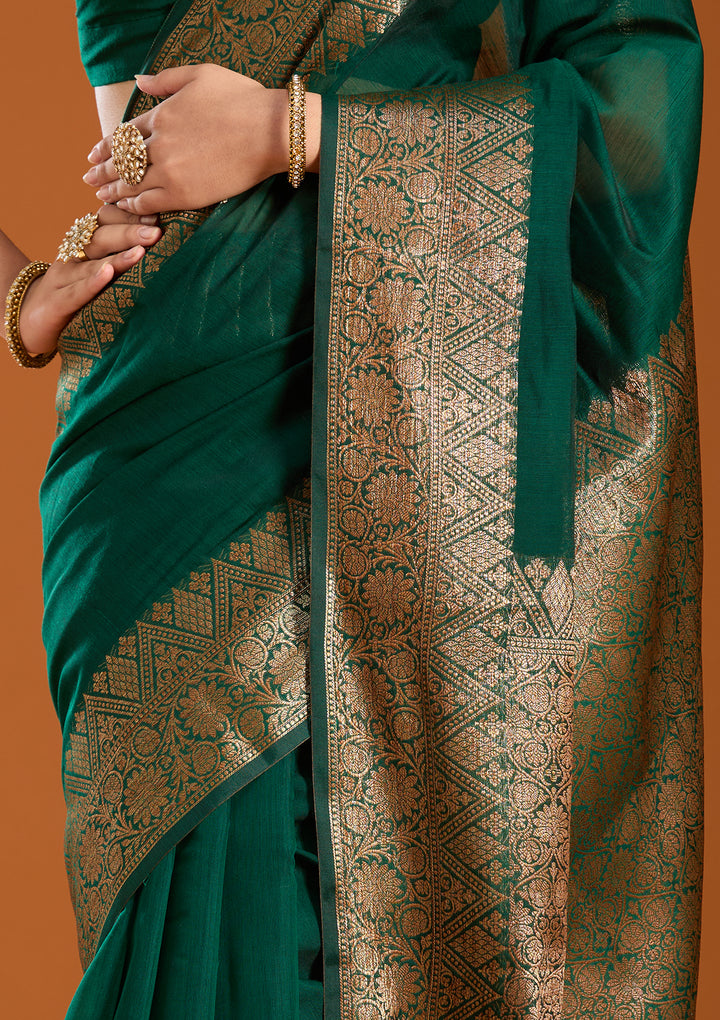 Bottle Green Banarasi Silk Saree With Matching Blouse Piece