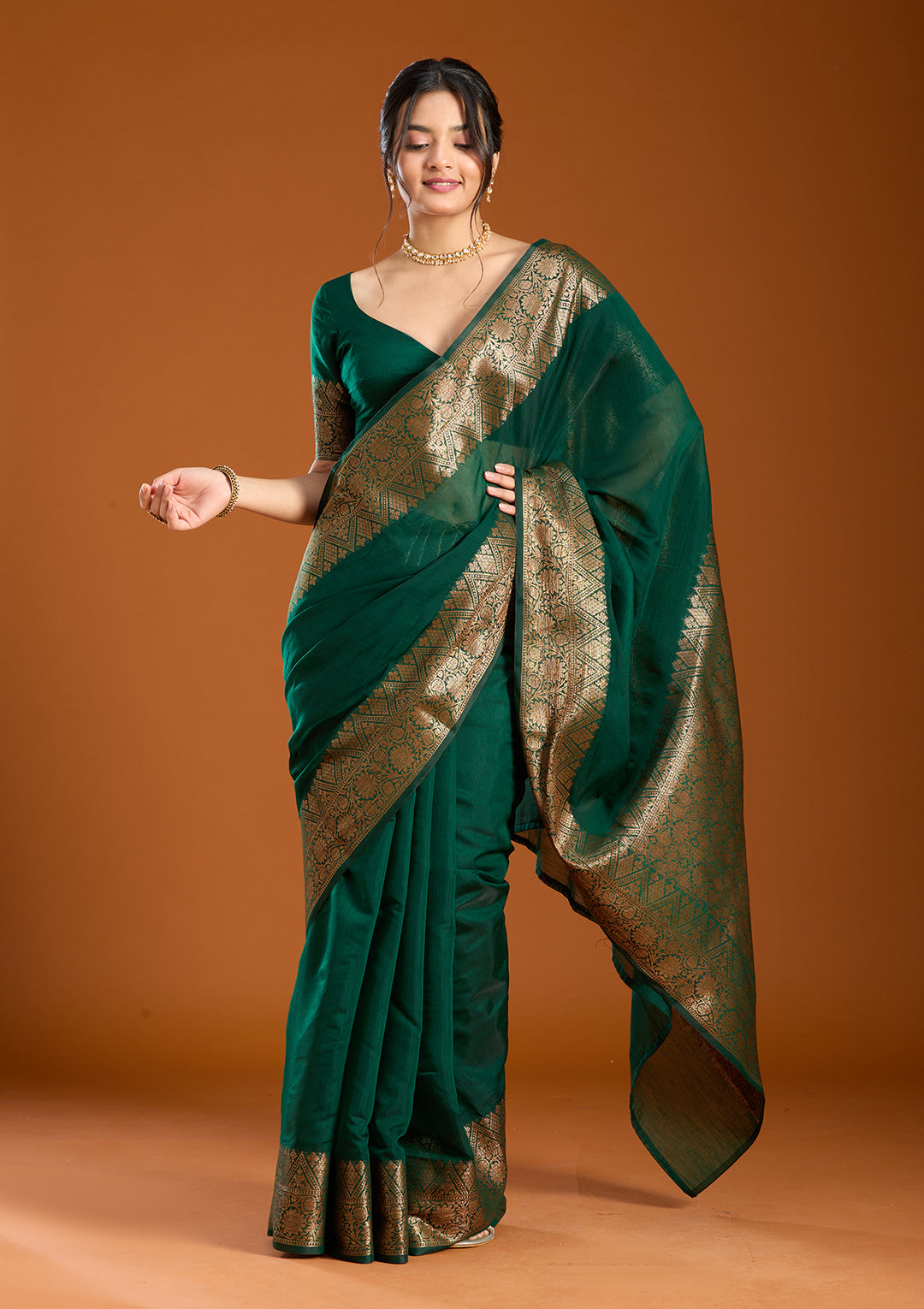Bottle Green Banarasi Silk Saree With Matching Blouse Piece