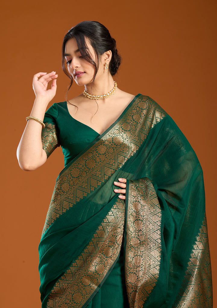Bottle Green Banarasi Silk Saree With Matching Blouse Piece