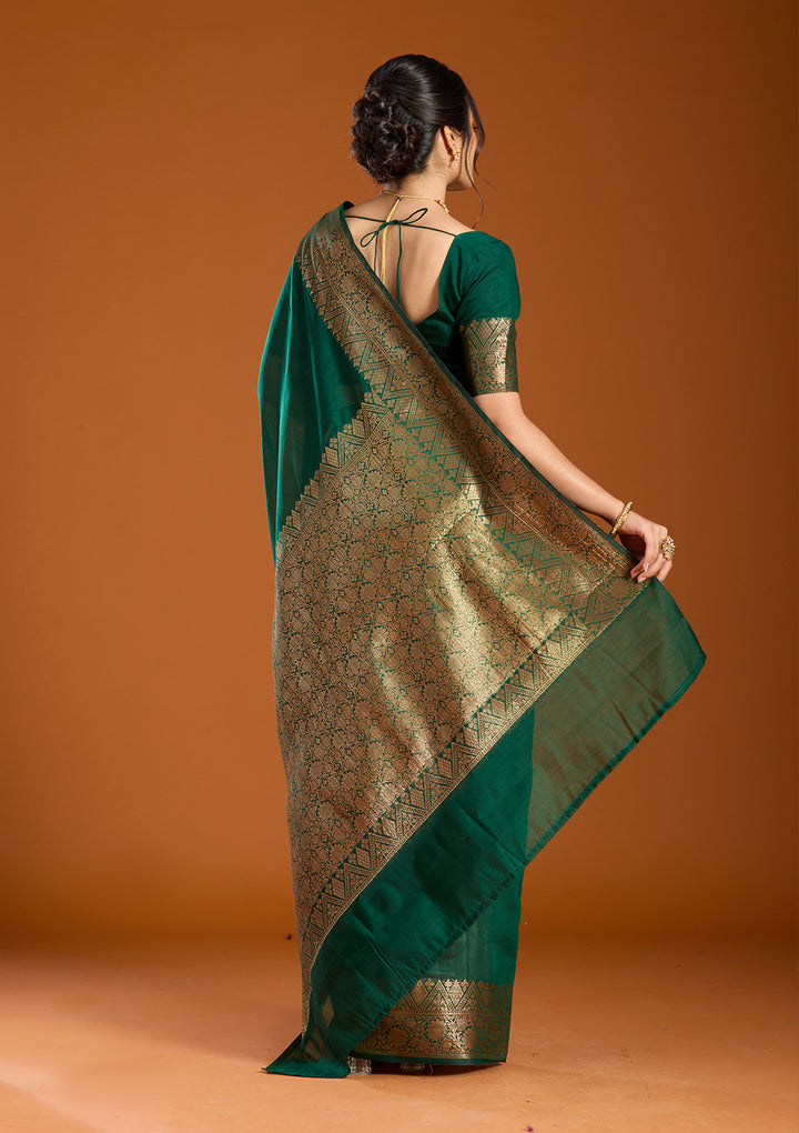 Bottle Green Banarasi Silk Saree With Matching Blouse Piece