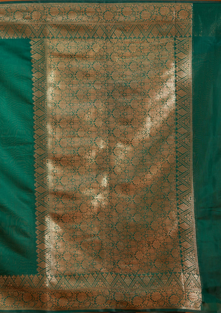 Bottle Green Banarasi Silk Saree With Matching Blouse Piece