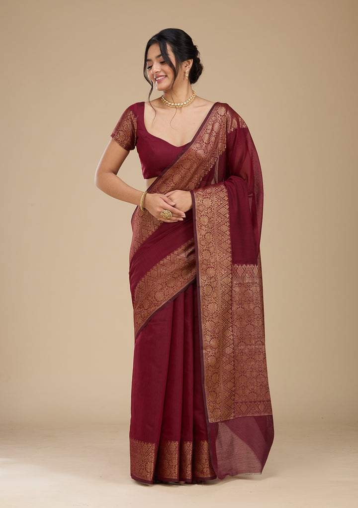 Dark Maroon Banarasi Silk Saree With Matching Blouse Piece