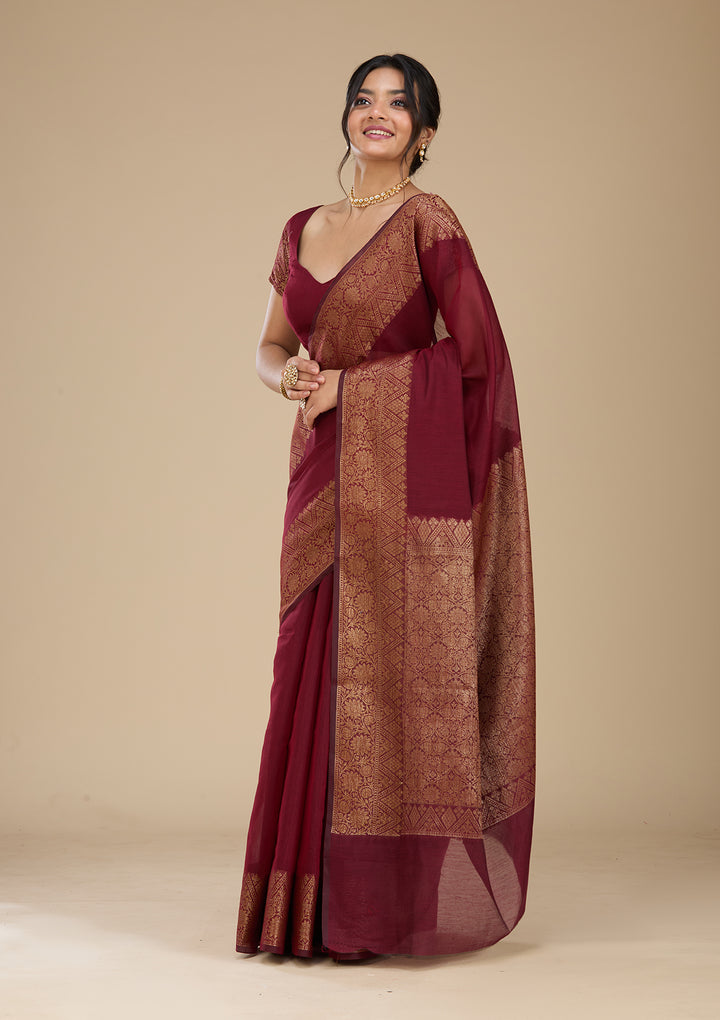 Dark Maroon Banarasi Silk Saree With Matching Blouse Piece