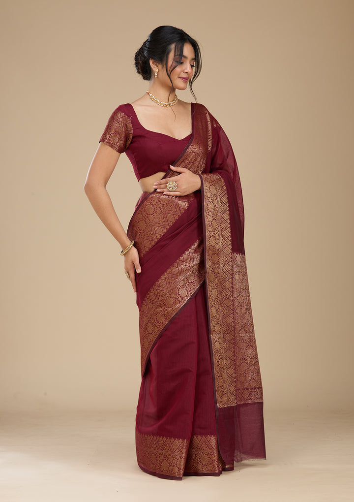 Dark Maroon Banarasi Silk Saree With Matching Blouse Piece