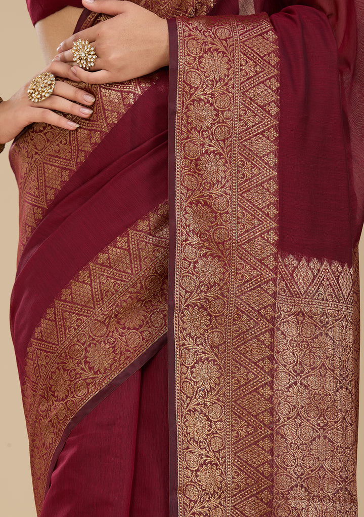 Dark Maroon Banarasi Silk Saree With Matching Blouse Piece
