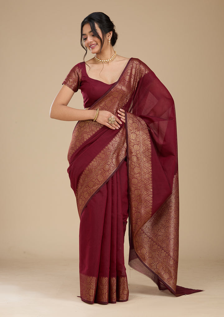 Dark Maroon Banarasi Silk Saree With Matching Blouse Piece