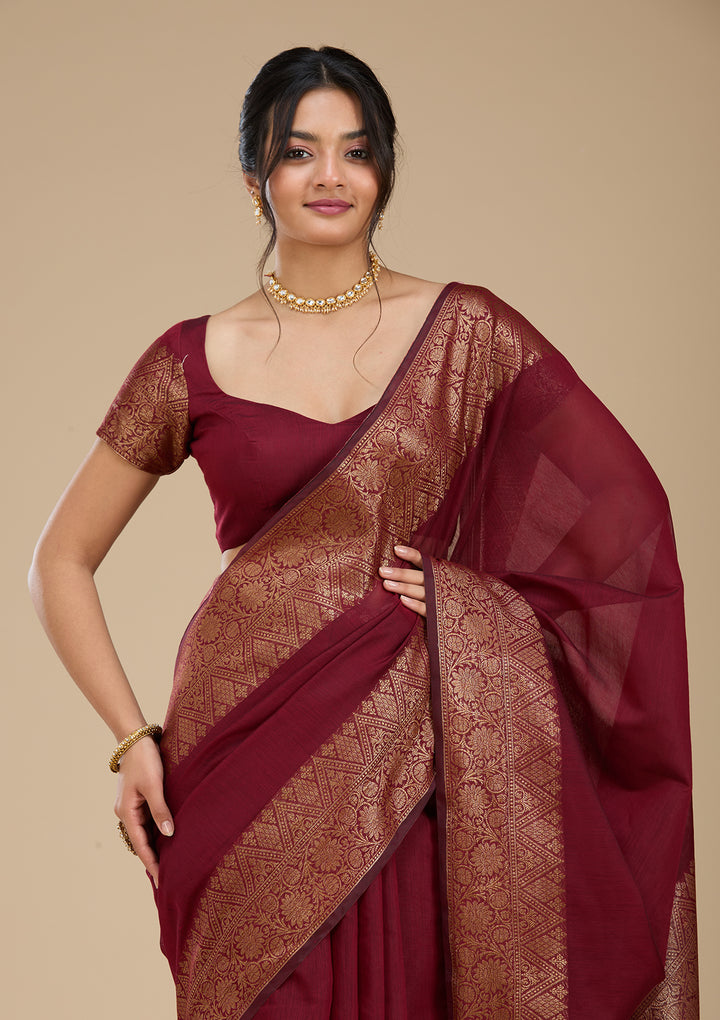 Dark Maroon Banarasi Silk Saree With Matching Blouse Piece
