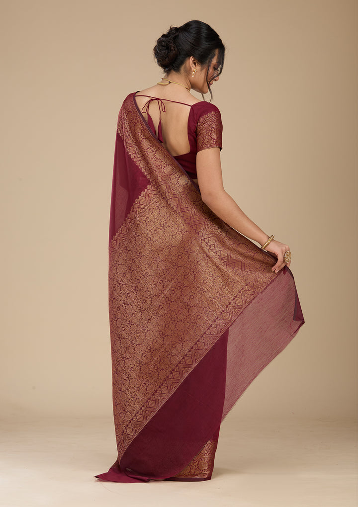 Dark Maroon Banarasi Silk Saree With Matching Blouse Piece