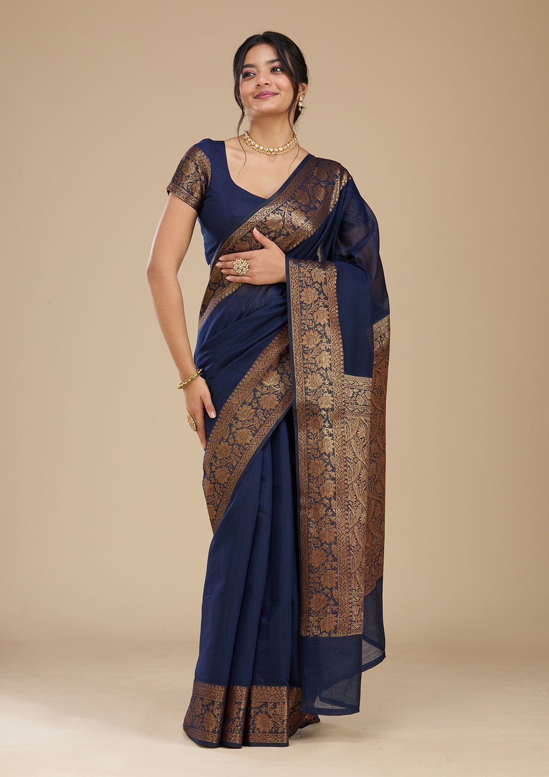 Navy Blue Banarasi Silk Saree With Matching Blouse Piece