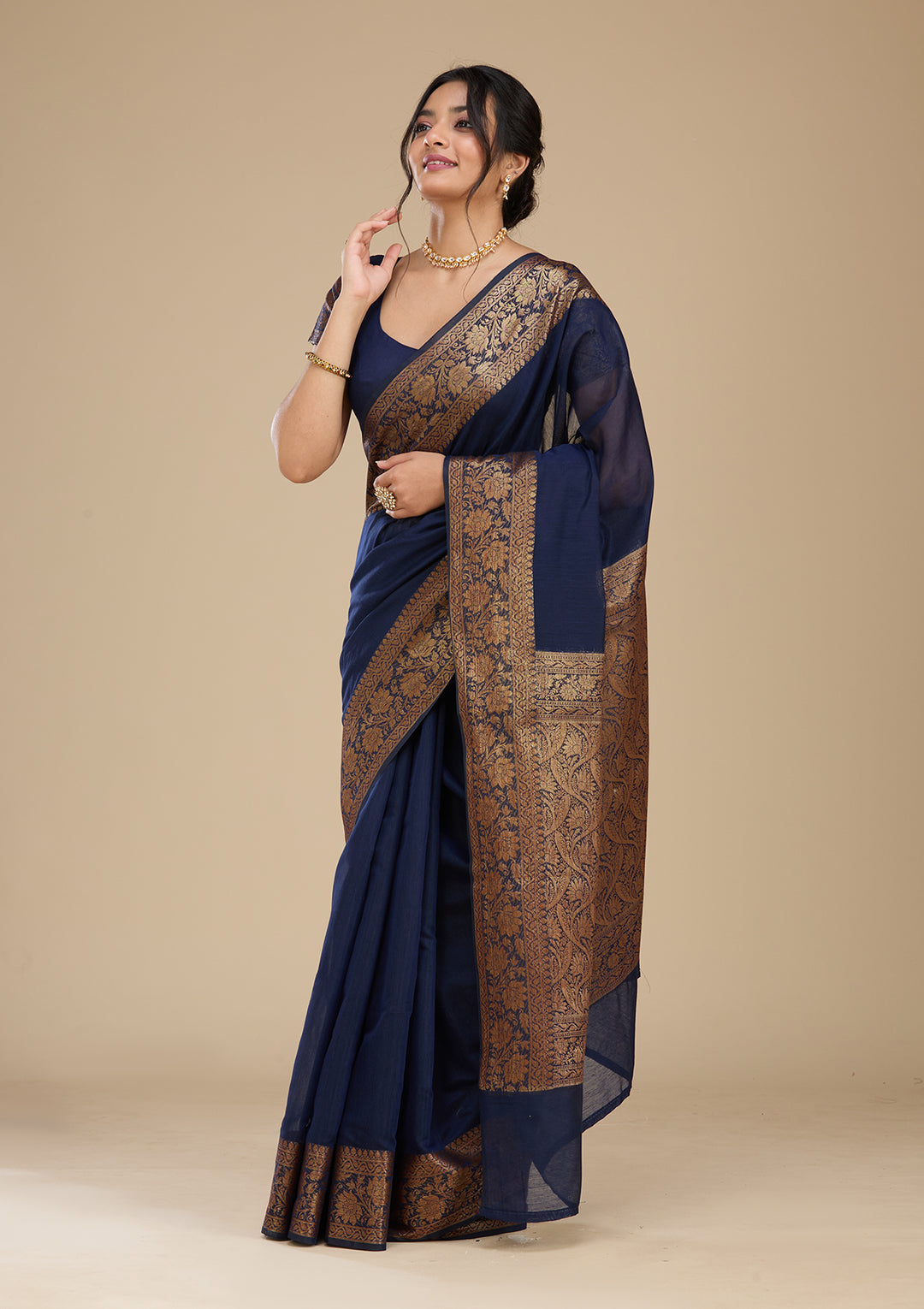 Navy Blue Banarasi Silk Saree With Matching Blouse Piece