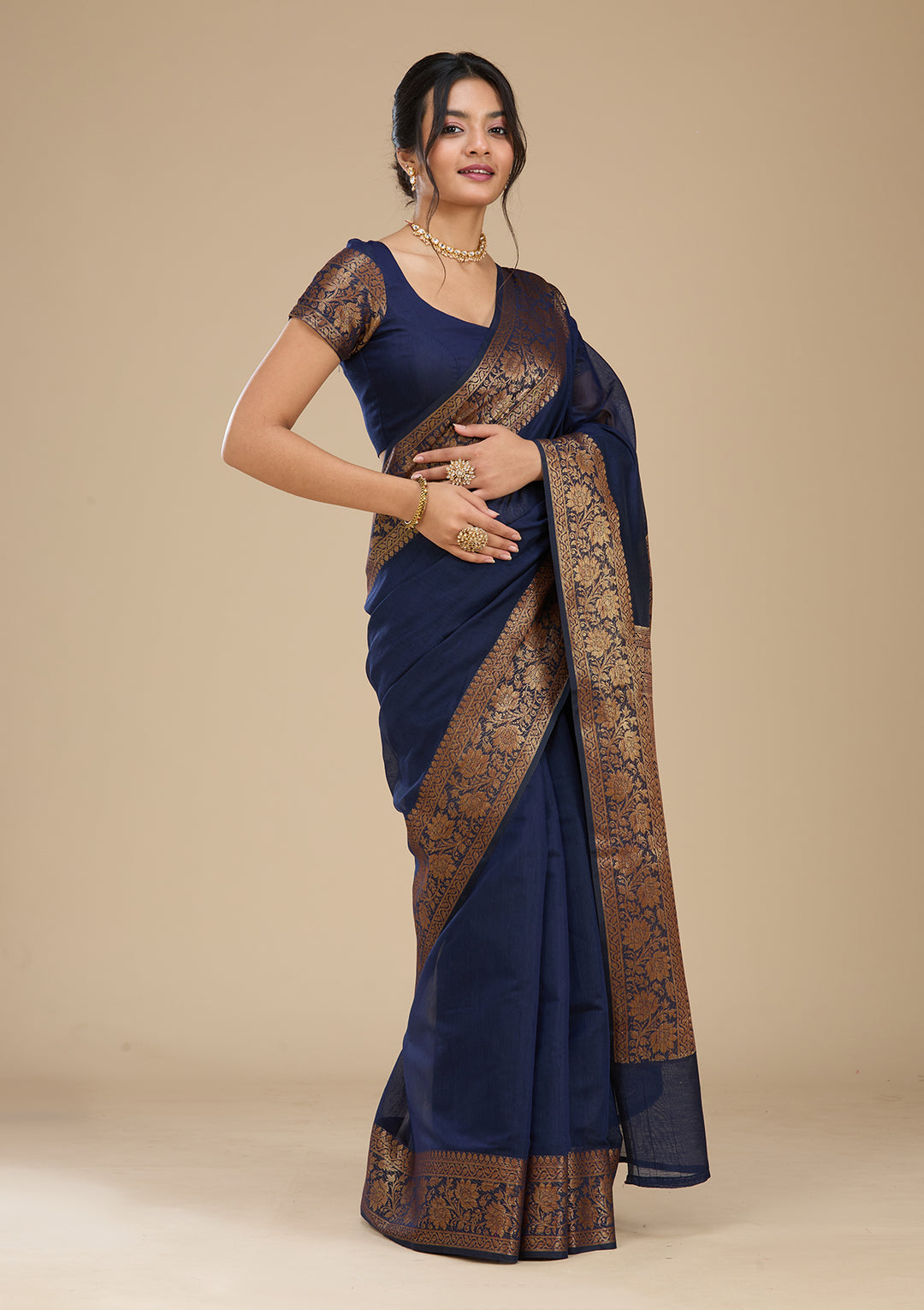 Navy Blue Banarasi Silk Saree With Matching Blouse Piece