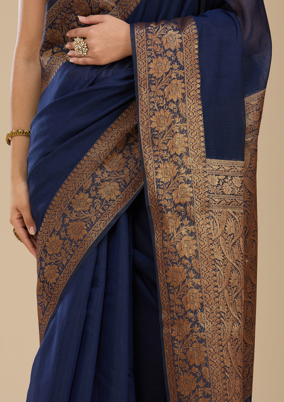 Navy Blue Banarasi Silk Saree With Matching Blouse Piece