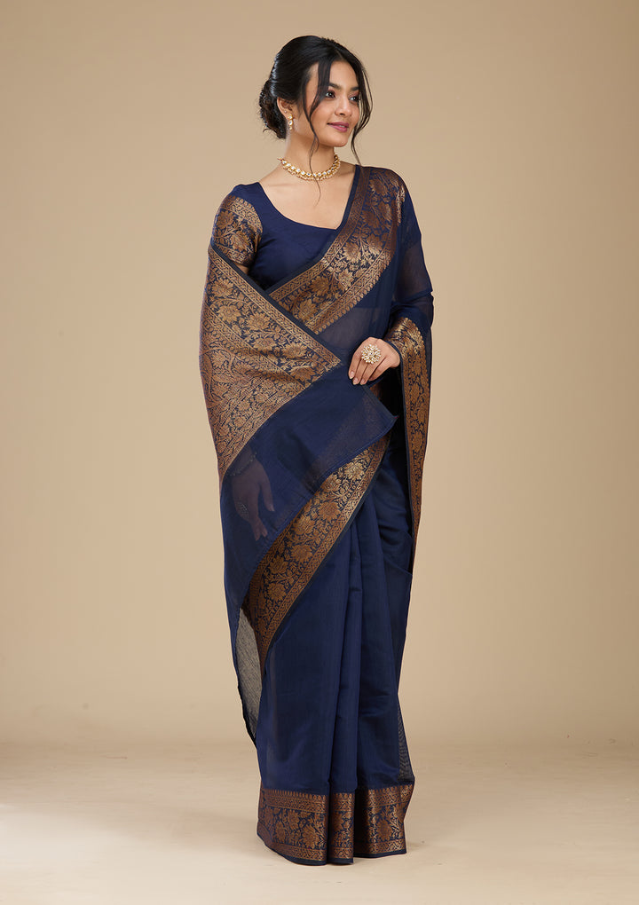 Navy Blue Banarasi Silk Saree With Matching Blouse Piece