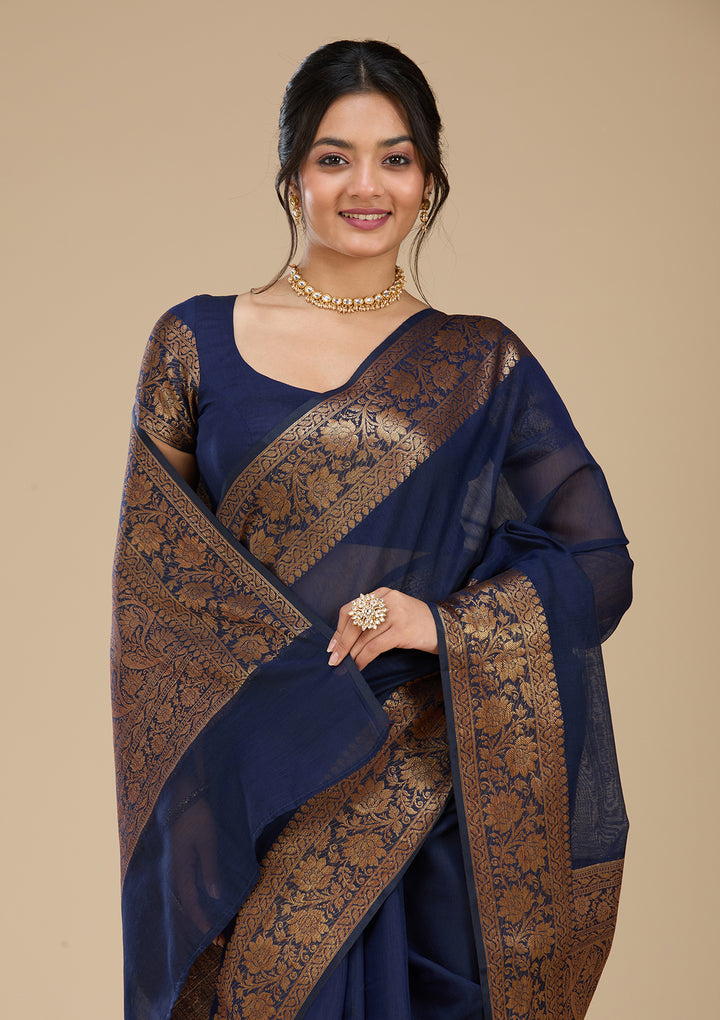 Navy Blue Banarasi Silk Saree With Matching Blouse Piece