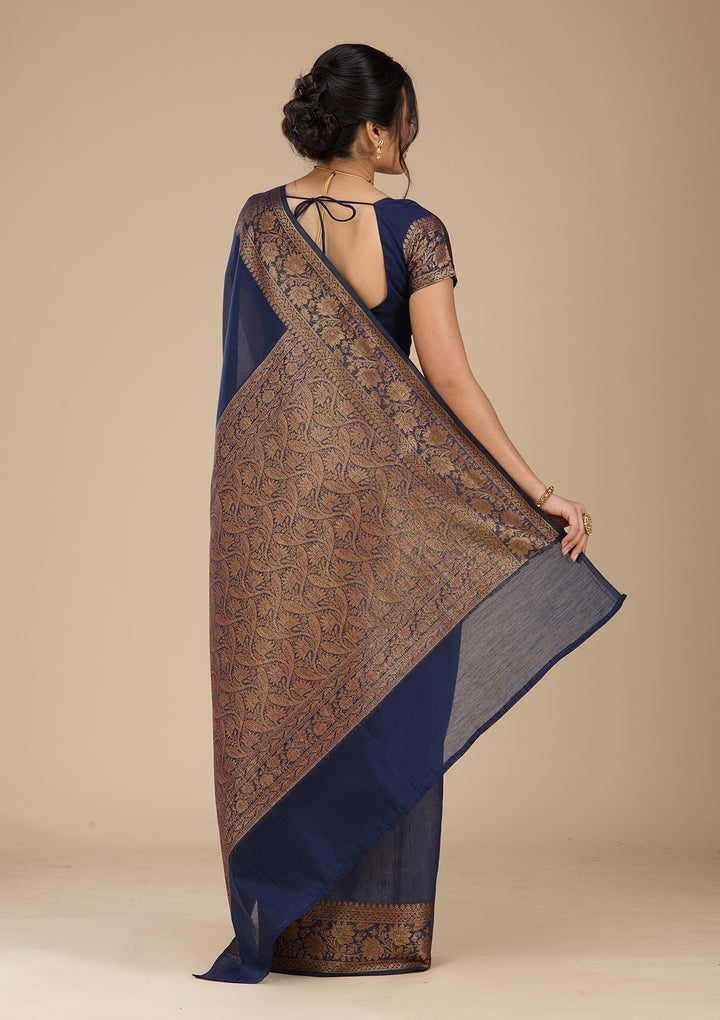 Navy Blue Banarasi Silk Saree With Matching Blouse Piece