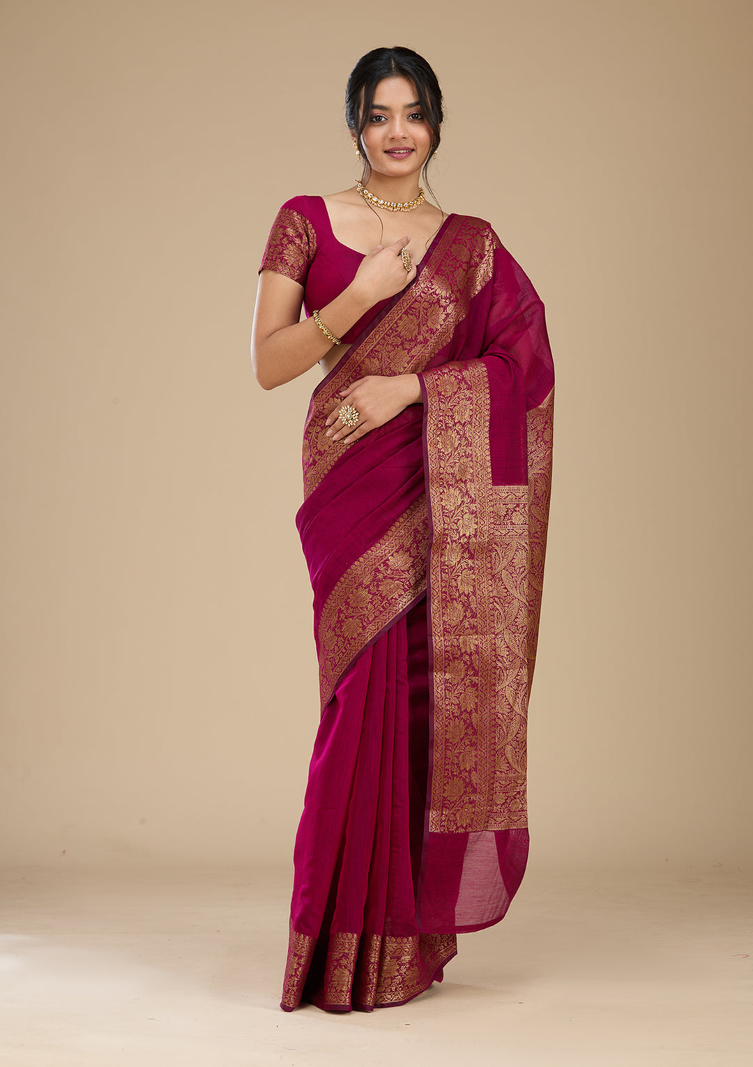 Wine Banarasi Silk Saree With Matching Blouse Piece