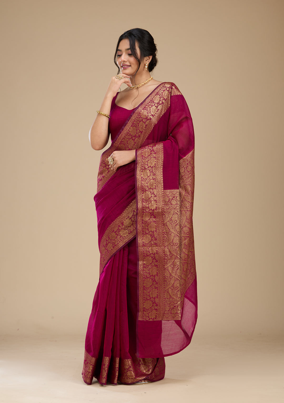 Wine Banarasi Silk Saree With Matching Blouse Piece