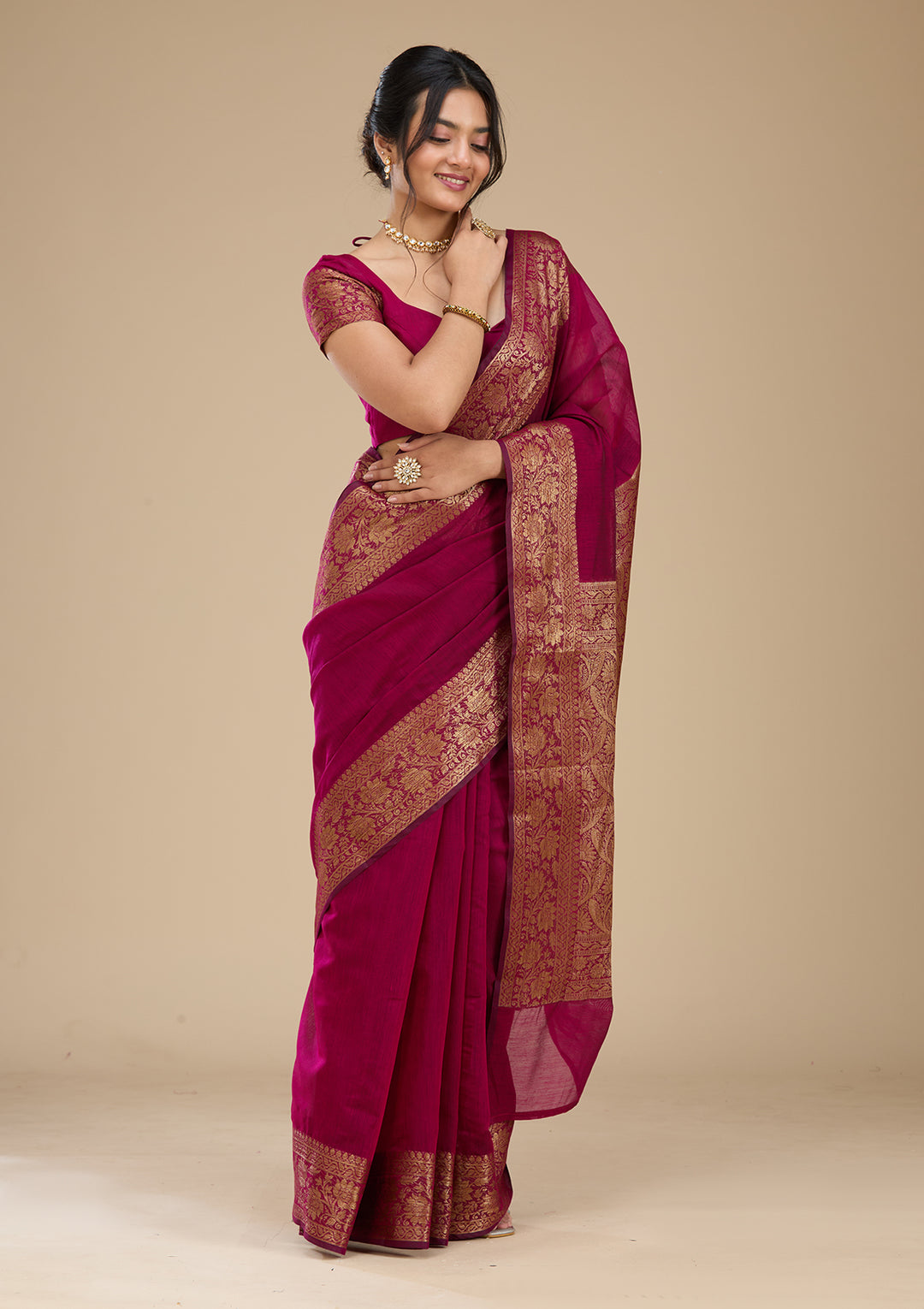Wine Banarasi Silk Saree With Matching Blouse Piece