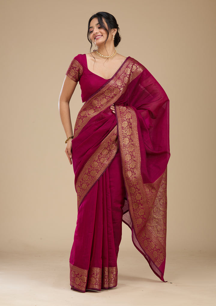 Wine Banarasi Silk Saree With Matching Blouse Piece