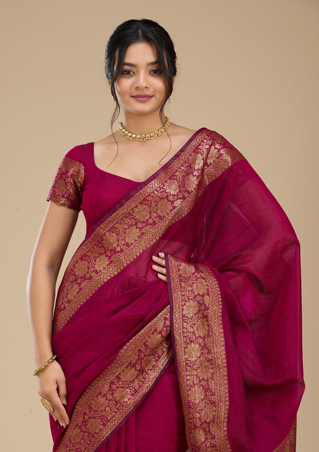 Wine Banarasi Silk Saree With Matching Blouse Piece