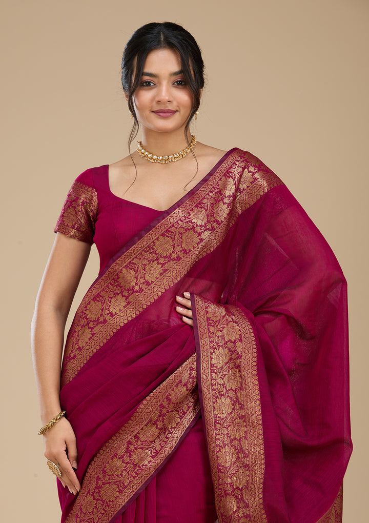 Wine Banarasi Silk Saree With Matching Blouse Piece