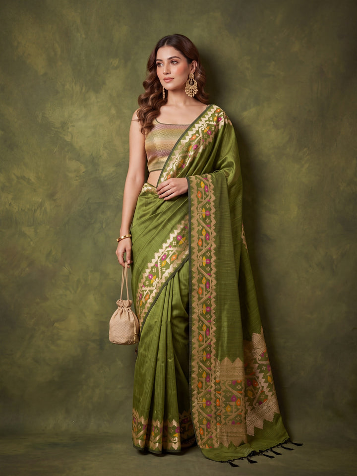 Mehendi Green Silk Plain Saree With Matching Blouse Piece