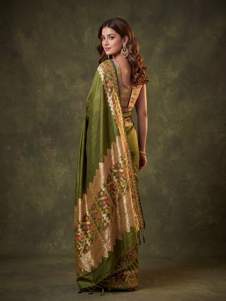 Mehendi Green Silk Plain Saree With Matching Blouse Piece