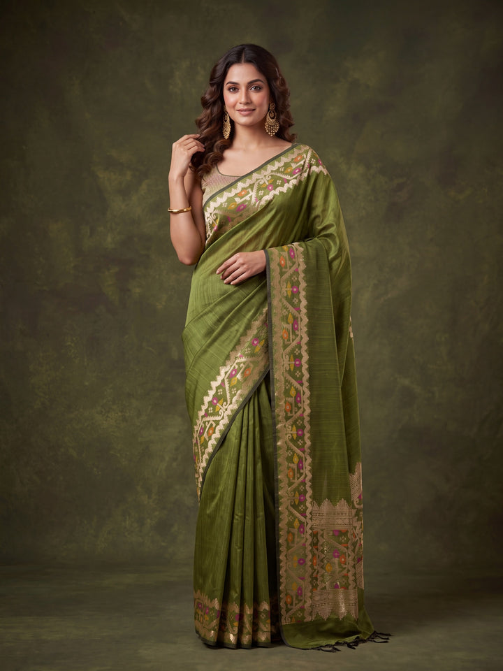 Mehendi Green Silk Plain Saree With Matching Blouse Piece