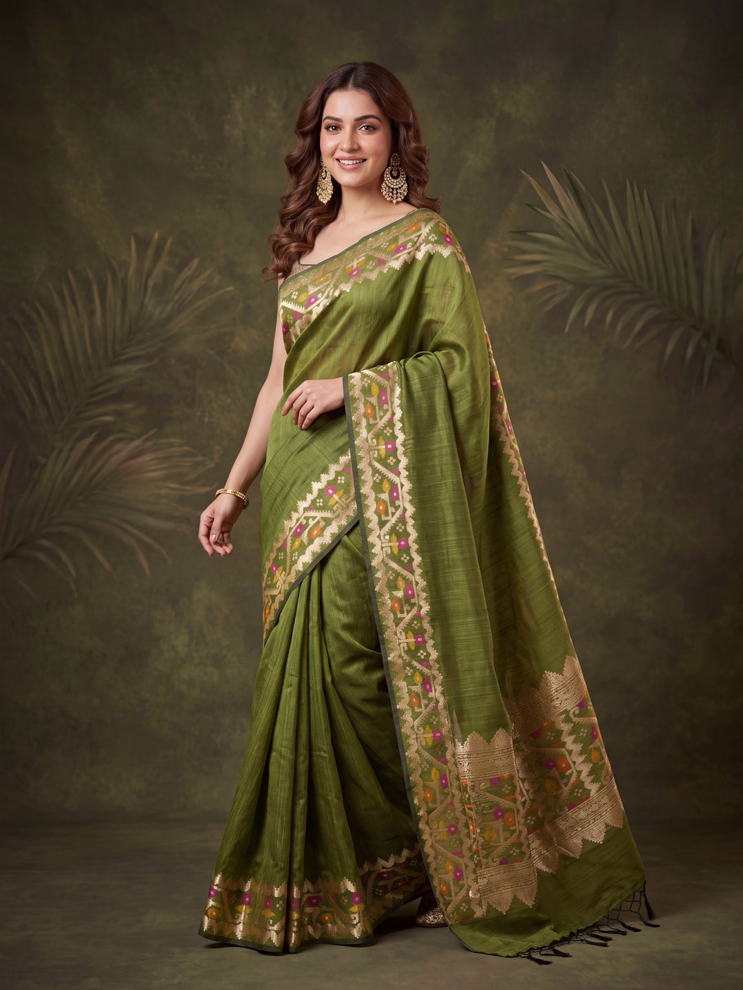 Mehendi Green Silk Plain Saree With Matching Blouse Piece