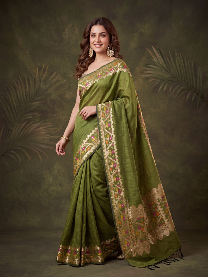 Mehendi Green Silk Plain Saree With Matching Blouse Piece