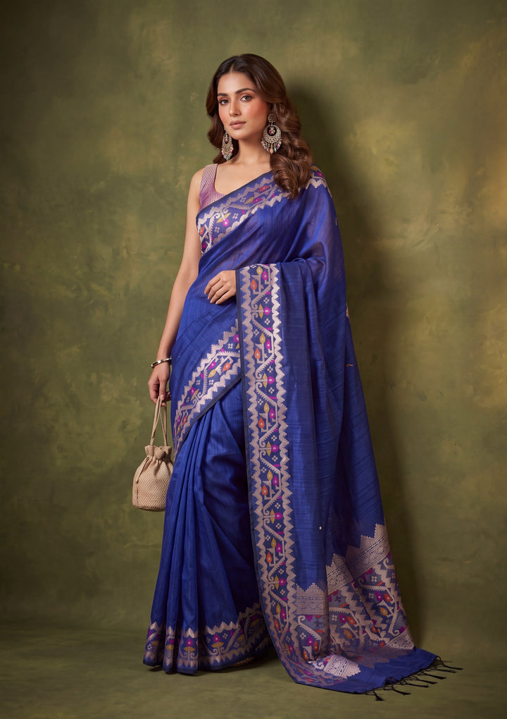 Royal Blue Silk Plain Saree With Matching Blouse Piece