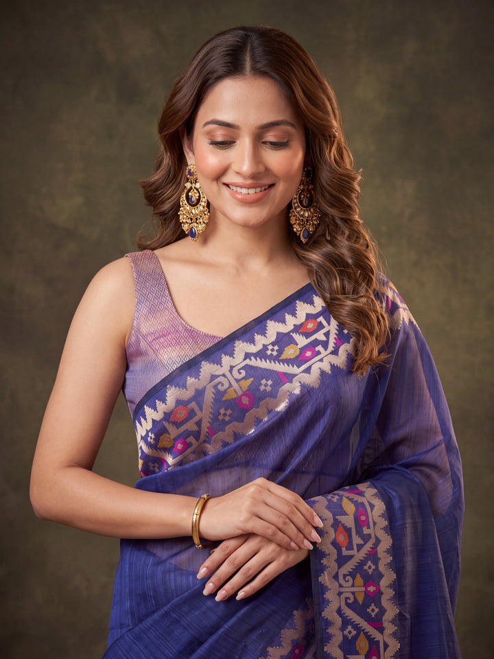 Royal Blue Silk Plain Saree With Matching Blouse Piece